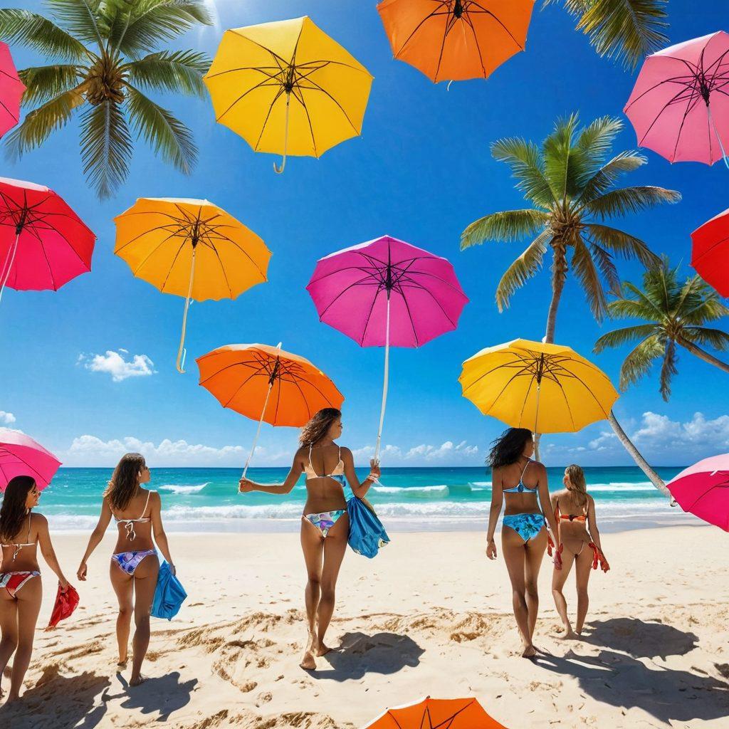 A sun-soaked beach scene featuring diverse models showcasing trendy bikinis and stylish beachwear. Include colorful beach umbrellas, vibrant towels, and crystal-clear waves in the background. Add tropical palm trees and a clear blue sky to enhance the summer vibe. Capture a sense of joy and relaxation with playful poses. super-realistic. vibrant colors. tropical theme.
